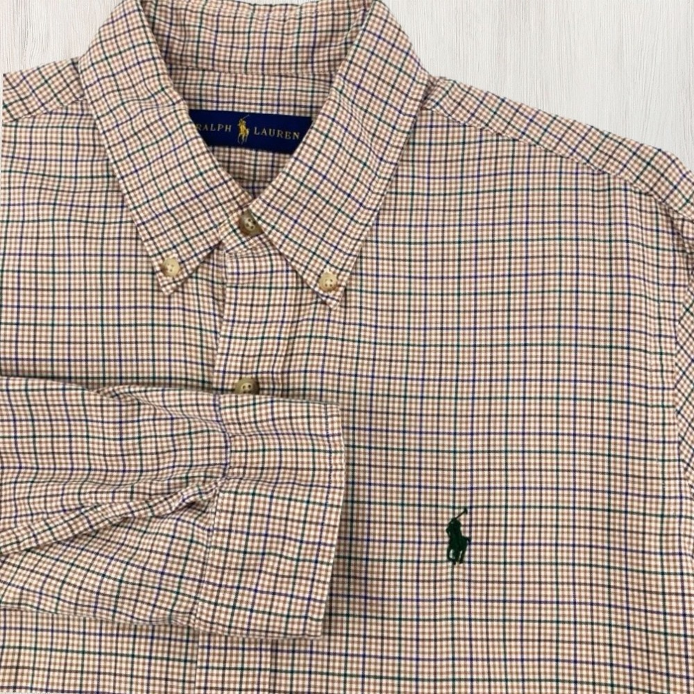 Ralph Lauren Shirt Men Large Plaid‎ Tan Green Pony Classic Fit Preppy Office